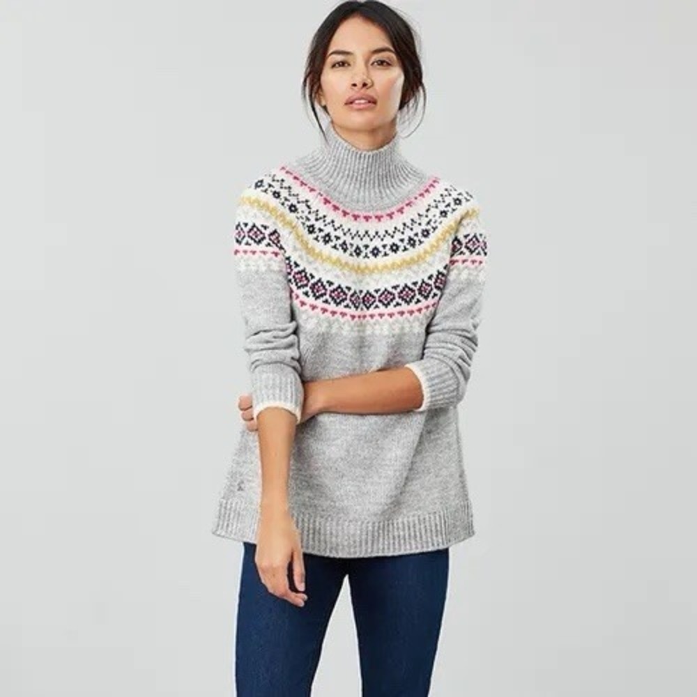 Joules Kristy Gray Fair Isle Chunky Turtleneck Sweater Jumper Womens US 14 UK 18